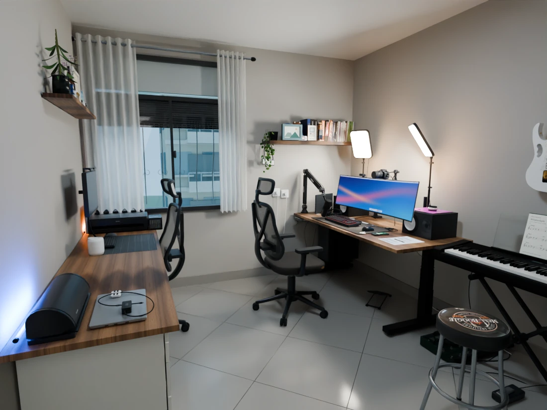 A modeled workspace with desks, music instruments, and books.
